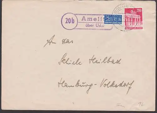 Amelitt über Uslar Poststellenstempel 1950 mit Notopfermarke, Brandenburgfer Tor