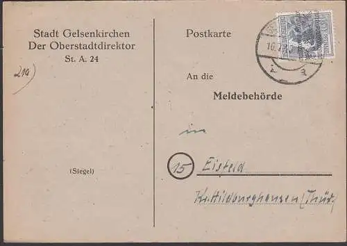 Gelsenkirchen Der Oberstadtdirektor Meldekarte nach Eisfeld Nachrichtenaustausch 16.7.48, Fernkarte Leistenaufdruck