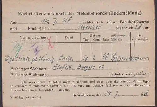 Gelsenkirchen Der Oberstadtdirektor Meldekarte nach Eisfeld Nachrichtenaustausch 16.7.48, Fernkarte Leistenaufdruck