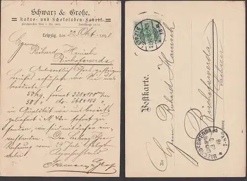 Leipzig Karte mit Werbung Schwarz & Große Kakao und Schokoladen-Fabrik 1898 nach Bischofswerda