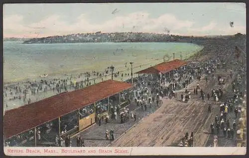 Boston Mass. revere beach boulevard and beach scene, card color 1907 USA