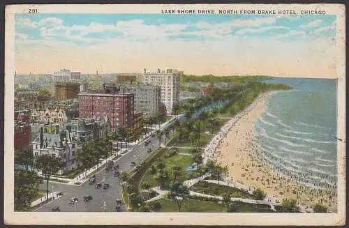Chicago lake shore drive north from drake Hotel, card color 1924 USA