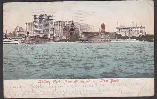 Battery park from north river New York 1905, card color demaged