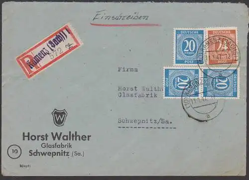 Kamenz (Sachsen) Schwepnitz R-Brief Aushilfs-R-Zettel 11.1.47 Glasfabrik Horst Walther 20 (3) und 24 Pf. Ziffern