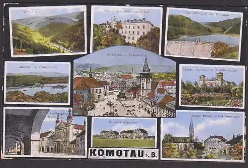 Komotau Chomutow Böhmen Ak 1928, 8 Bilderkarte, evang. KircheTalsperre Lehrerbildungsanstalt markt