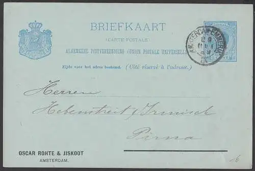 Nederland Briefkaart Amsterdam 5 Cent nach Pirna Deutschland, Karte mit privatem Zudruck Oscar Rothe & Jiskoot 20.5.1889