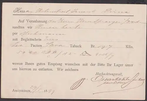 Nederland Briefkaart Amsterdam 5 Cent nach Pirna Deutschland, Karte mit privatem Zudruck Oscar Rothe & Jiskoot 20.5.1889