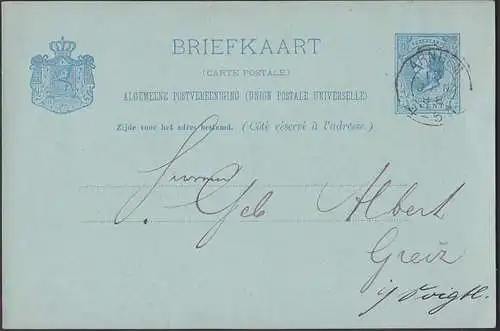 Briefkaart Arnheim Arnhem 5 Cent nach Greiz Deutschland als Karte mit privatem Zudruck Reimann & Stok