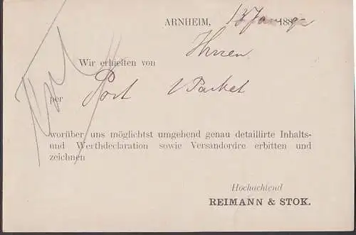 Briefkaart Arnheim Arnhem 5 Cent nach Greiz Deutschland als Karte mit privatem Zudruck Reimann & Stok