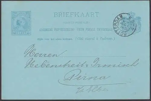 Briefkaart Rotterdam 5 Cent nach Pirna Deutschland, Karte mit privatem Zudruck E. Schleicher 24.10.1892
