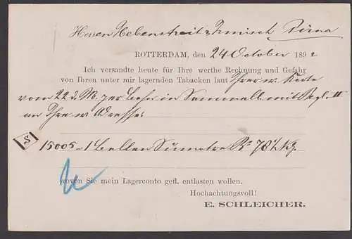Briefkaart Rotterdam 5 Cent nach Pirna Deutschland, Karte mit privatem Zudruck E. Schleicher 24.10.1892