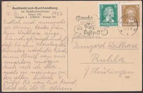 Lübeck Buddenbrock-Buchhandlung im Buddenbrockhaus, MWSt. 1927 "Benutzt die Luftpost!"