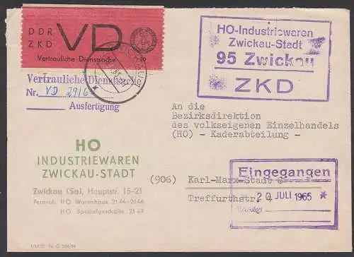 Germany ZKD Kastenst. HO Industriewaren Zwickau-Stadt Vertrauliche Dienstsache, D1, mit Ausfertigungsstempel 19.7.65