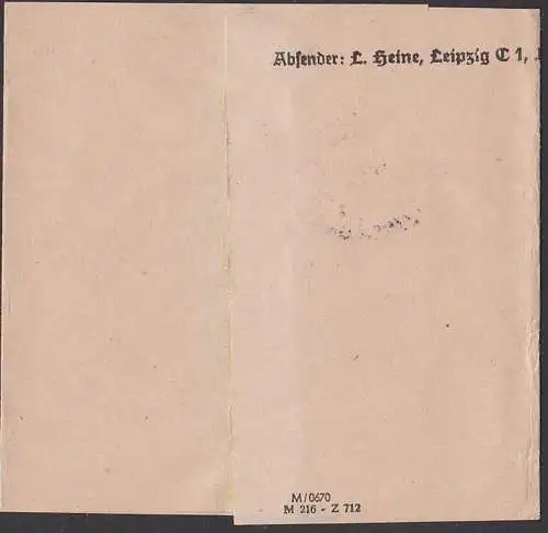 FRIEDEN 8 Pfg. Hand vor Bombenangriff DDR 277, Streifbandsendung Leipzig  nach Briege Rügen, portogenau