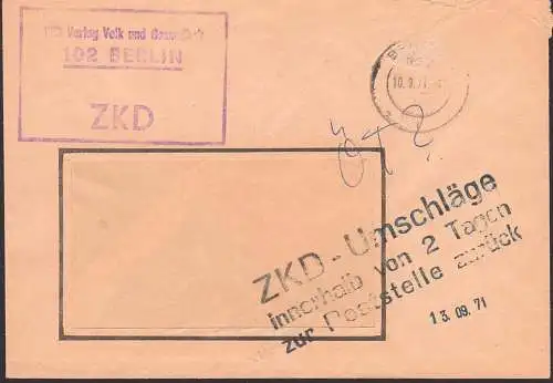 BERLIN R3 ZKD-Brief 10.9.71 VEB Verlag Volk und Gesundheit mit schwarzem Aufbewahrungsst.