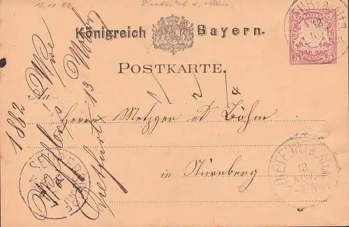 DIETFURT a. Altm. Bayern Ganzache 5 Pf. 18.11. 1882 Königreich Bayern nach Nürnberg