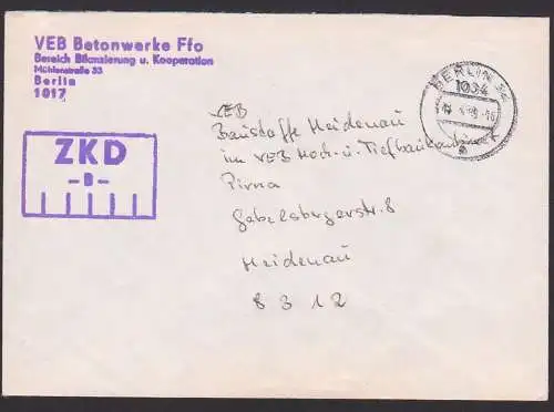 Germany DDR ZKD -B- Kastenstempel Brief Berlin 14.4.89 VEB Betonwerke Ffo Bereich Bilanzierung