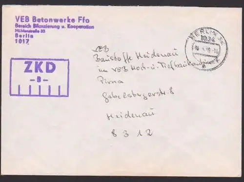 ZKD -B- Kastenstempel Brief Berlin 14.4.89 VEB Betonwerke Ffo Bereich Bilanzierung