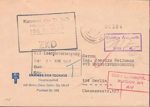 Berlin R4 ZKD-St. in schwarz 25.4.67, Kammer der Technik, Kontrolle Richtige Anschrift 1501 /4, Zentraler Kurierdienst