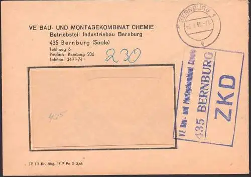 Bernburg R3 ZKD-St. in blau 2.9.66, VE  Bau- und Montagekombinat Chemie