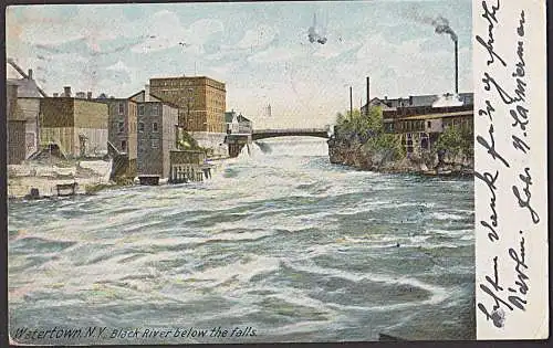 Watertown Black river below the falls 1906 Flaggenstempel nach Zwickau Sachsen