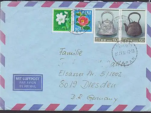 Japan Nippon TAKANAWA Brief nach der DDR Zusammendruck der Sondermarken Teekannen 60/60