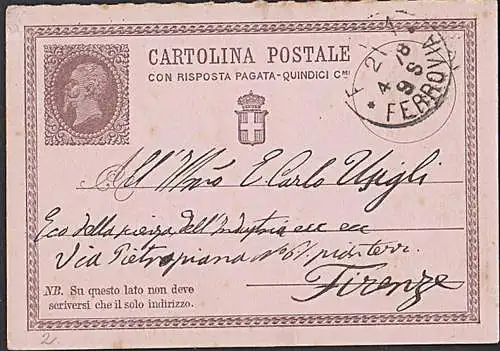 BOLOGNA FERROVIA cartolina postale Antwortkartenteil 1898 nach Firenze