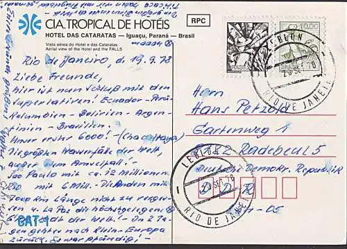Rio de Janero LEBLON Brasilien Ansichtskarte 1978 mit Hotel das Cataratas Cia. tropical de Hoteeis nach der DDR