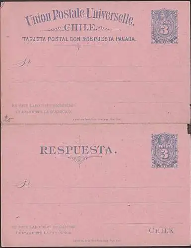 Chile Tarjeta Postal 3/3 Centavos (ca. 1896) Doppelkarte ungebraucht