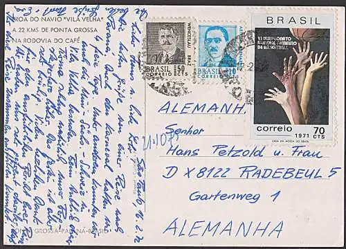 Sao Paulo Brasilien Basketball Ansichtskarte 1972 mit proa do navio "Vila Velha" nach der DDR
