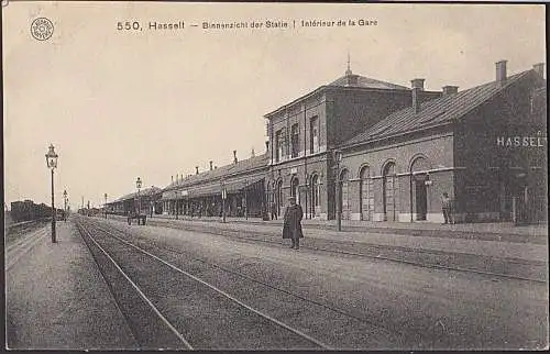 Hasselt Binnenzicht der Statie Interieur de la Gare post card Belgien Briefstempel Flieger-Beobachtung Werft-Kompanie