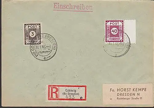 SBZ 50DI 40 Pf COSWIG Postmeisterzähnung R-Brief in MiF