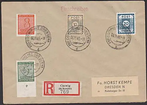 Germany SBZ 48DI mit Plattenfehler III 20 Pf COSWIG Postmeisterzähnung R-Brief in MiF