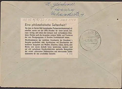 Germany SBZ 48DI mit Plattenfehler III 20 Pf COSWIG Postmeisterzähnung R-Brief in MiF