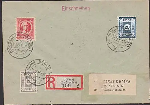 SBZ 48DI mit Plattenfehler III 20 Pf COSWIG Postmeisterzähnung R-Brief potogenau in MiF mit Friedrich Schiller