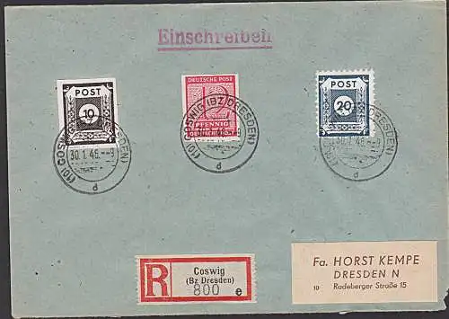 SBZ 48DI 20 Pf COSWIG Postmeisterzähnung R-Brief potogenau in MiF Germany mit Plattenfehler III "Farbfleck ru."