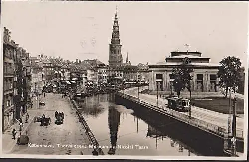 Kobenhagen Köbenhavn Thorvaldsens Museum og. Niolai Taarn Straßenbahn Tram Carte postale Foto