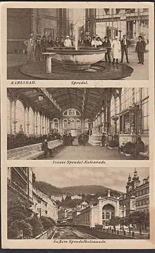 Ak KARLSBAD Karloy Vary Sprudel Kolonnade Trinkhalle, zweisprachiger Stempel