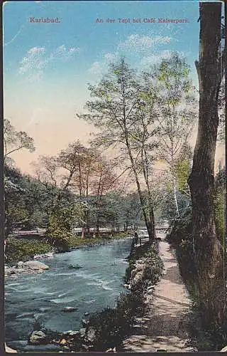 card KARLSBAD An der Tepl bei Café Kaiserpark unbeschrieben ca. 1911, Karlovy Vary