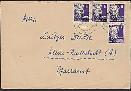SBZ 213(4) Gerhart Hauptmann Dichter Nobelpreisträger 1912 Fernbrief aus Altenburg, portogenau nach Klein-Rudestedt