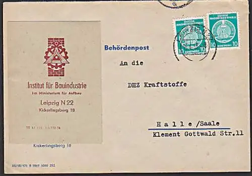 Vignette Brief Behördenpost LEIPZIG Institut für Bauindustrie Ministerium der DDR 15.4.55
