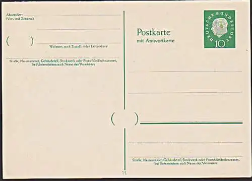 Theodor Heuss 1. Bundespräsident ungebraucht BRD P39 10/10 Pf Antwortkarte Ganzsache