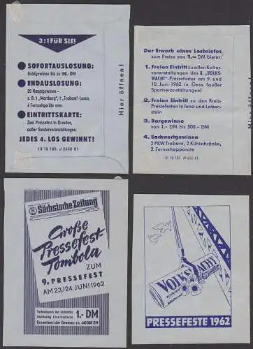 Dresden, 9 SZ Pressefest 1962, Tombola, Volkswacht-Pressefest in Gera, Jena, Lobenstein, Eintrittskarte