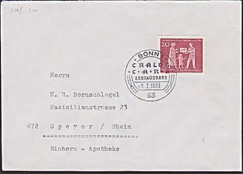 CRALOG und CARE Deutschland dankt FDC mit SoSt. BONN Geschenkpaket BRD 390