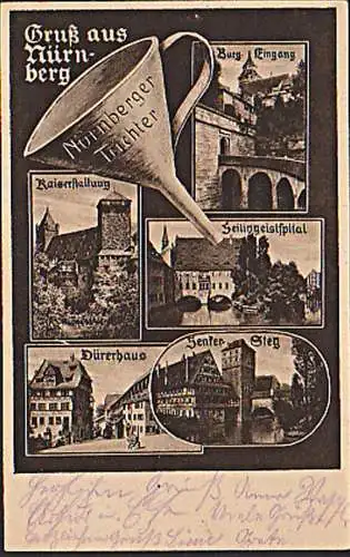 Nürnberger Trichter Kaiserstallung Dürerhaus Heiliggeistspital Henkersteg Burg AK 1928 NÜRNBERG "