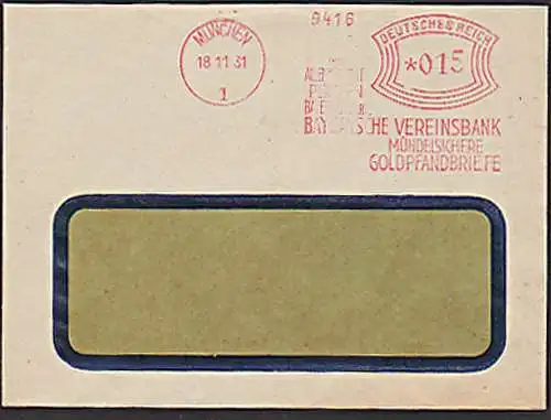 MÜNCHEN 1 Bayrische Vereinsbank Mündelsichere Goldpfandbriefe Stempel vom 18.11.31 Brief AFS =DR *015=