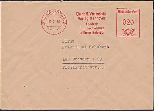 Hannover 2, AFS =DP 020= Fernbrief nach Dresden von Curt R. Vincentz Verlag