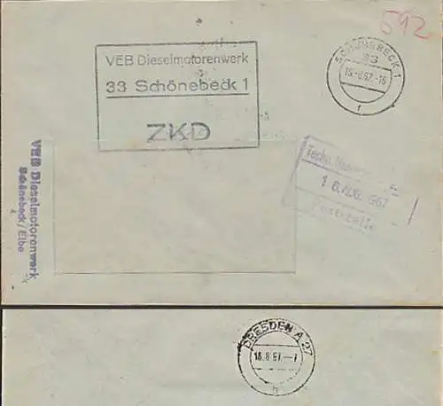 Schönebeck DDR ZKD-Brief VEB Dieselmotorenwerk  Kastenstempel in schwarz 1967, Lkw