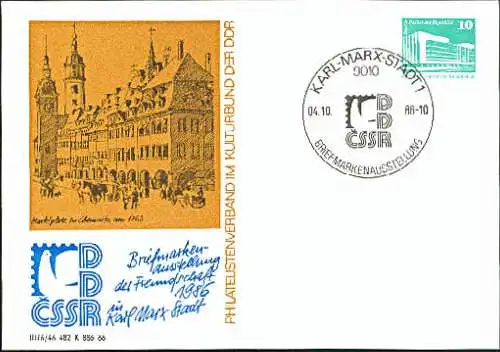DDR GA PP17/068 gest. Karl-Marx-Stadt Marktplatz 1862 Rathaus Ausstellung der Freundschaft CSSR DDR