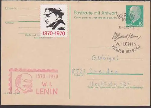 Lenin W.I. 100. Geburtstag, Gründer der Sowjetunion, Vignette 1870 - 1970, SoSt. Berlin, GA Frageteil 10 Pf. W. Ulbricht